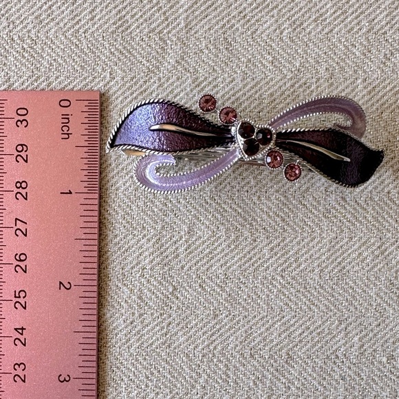 Purple Enamel and Crystal Bow & Heart Hair Barrette - Picture 7 of 7